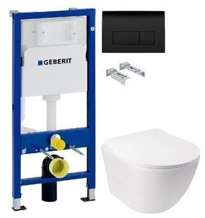 Инсталляция Geberit Duofix 458.103.00.1 с клавишей Delta50 черный матовый + Унитаз подвесной Q-Tap Jay Rimless QT07335176W с сиденьям Soft Close