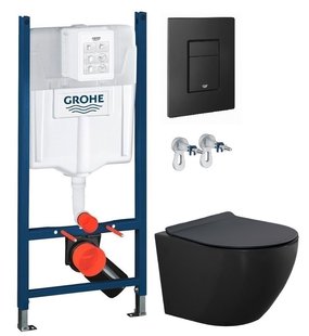 Инсталляция Grohe Rapid SL 3884000G с клавишей Skate Cosmopolitan черной матовой + Унитаз подвесной Newarc Modern черный матовый 3823B-M с сиденьем Soft-Close