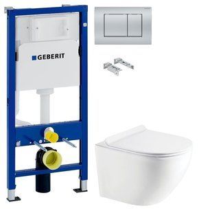 Инсталляция Geberit Duofix 458.103.00.1 с клавишей Delta30 хром матовый + Унитаз подвесной Koller Pool Round RN-0490-RW с сиденьем Soft Close