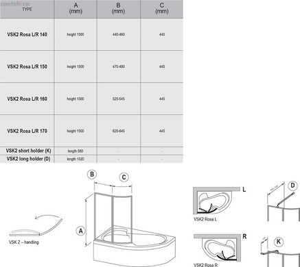 Шторка для ванны RAVAK VSK2 Rosa 150 Transparent 76L80100Z1 левосторонняя